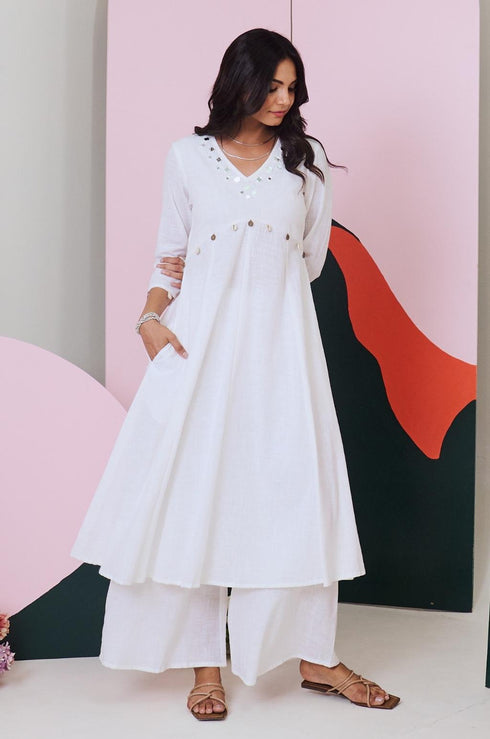 Ajuni White Mirror Embroidered Kurta -Palazzo Set (Set Of 2)