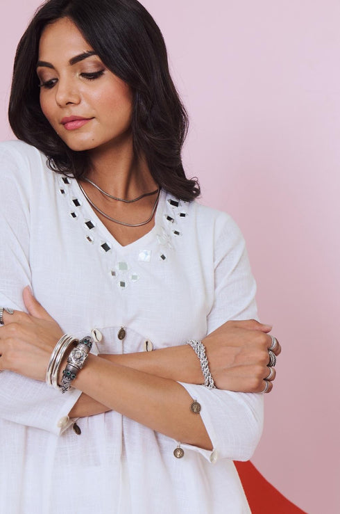 Ajuni White Mirror Embroidered Kurta -Palazzo Set (Set Of 2)