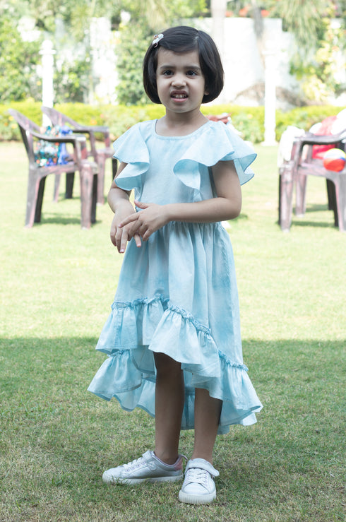 Blue Tie Dye Ruffle Dress