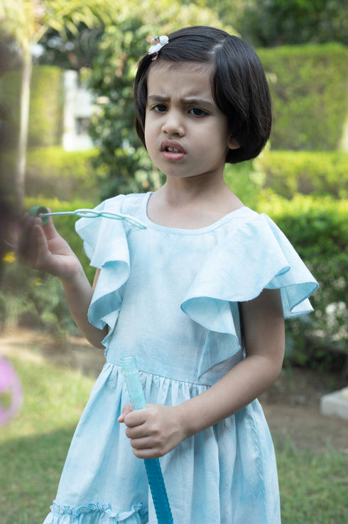 Blue Tie Dye Ruffle Dress