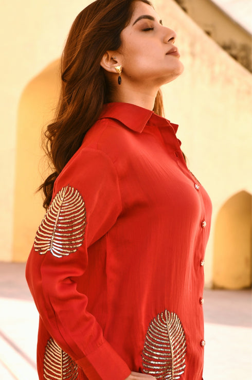 Diyu Sequin Embroidered Red Shirt