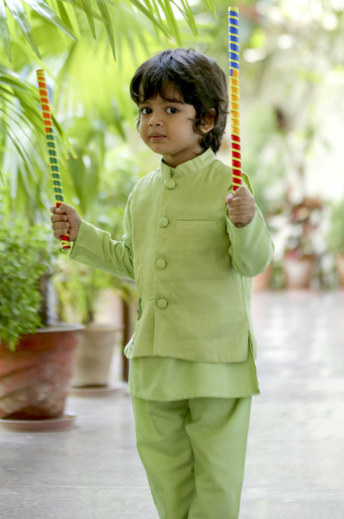 Green Kurta Pant Jacket : Set Of 3