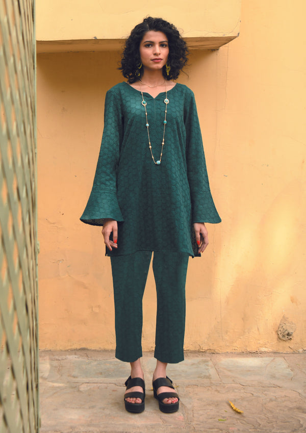 Green Schiffli Straight Pant