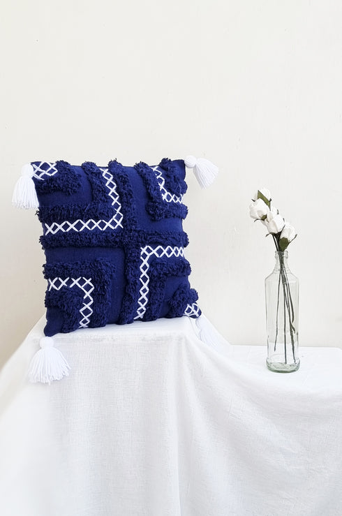 Indigo Fringes Cushion Cover
