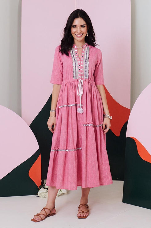 Leela Mirror Embroidered Midi Dress with Lace Detailing