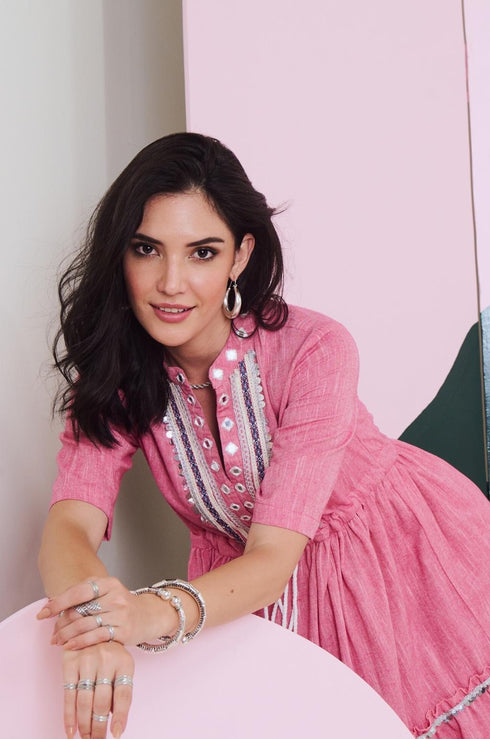 Leela Mirror Embroidered Midi Dress with Lace Detailing