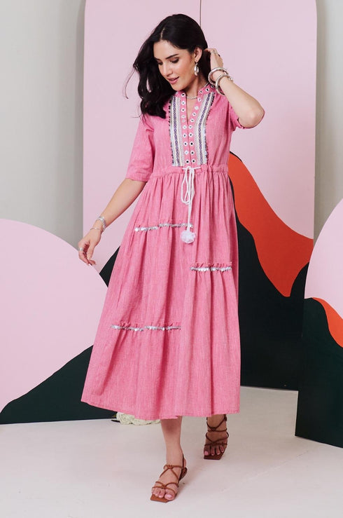 Leela Mirror Embroidered Midi Dress with Lace Detailing