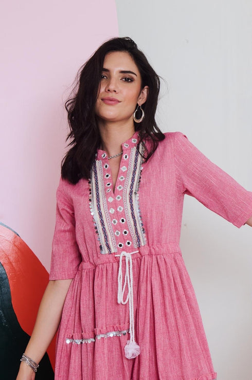 Leela Mirror Embroidered Midi Dress with Lace Detailing