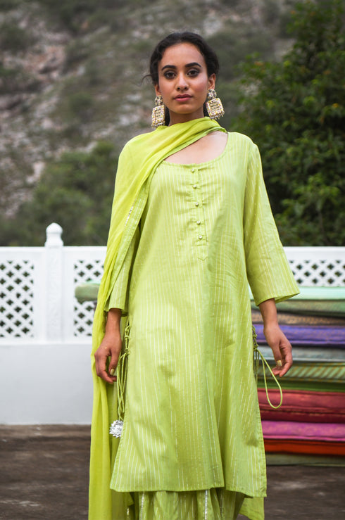 Green cotton kurta and skirt set with dupatta