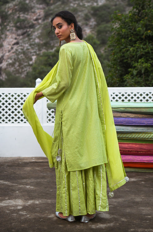 Green cotton kurta and skirt set with dupatta
