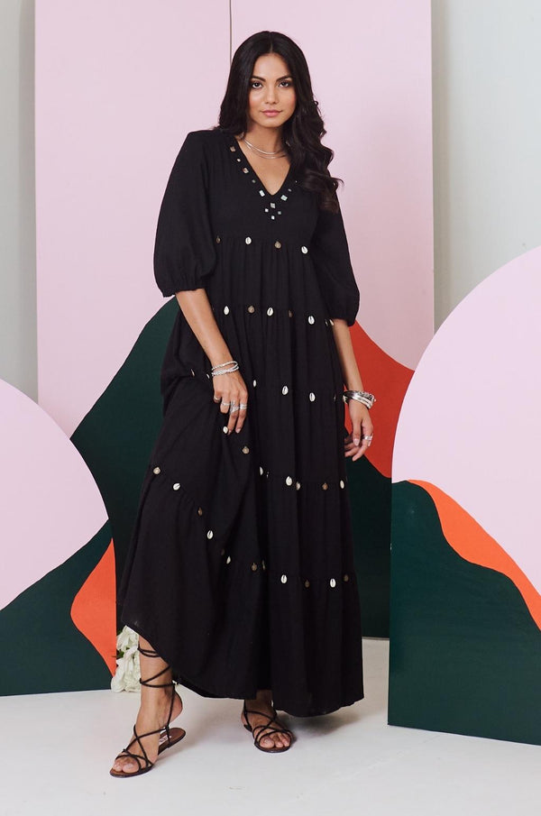 Piku Black Mirror Embroidered Tier Maxi Dress