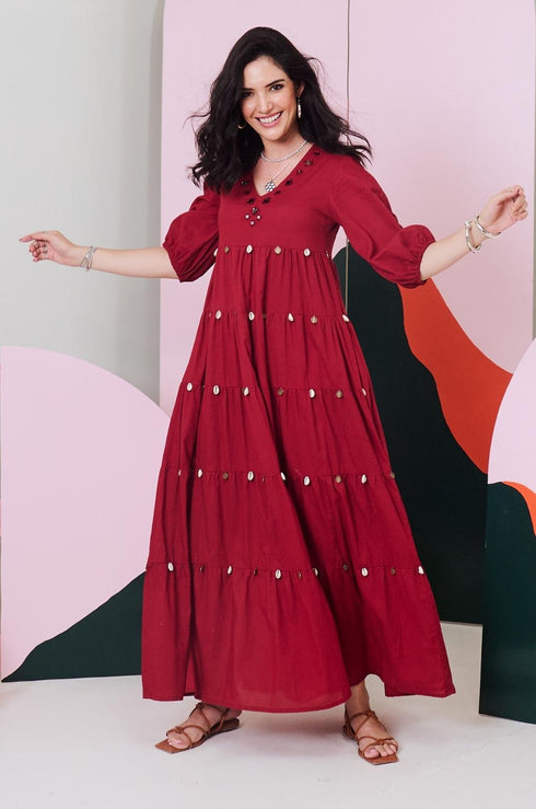 Piku Maroon Mirror Embroidered Tier Maxi Dress