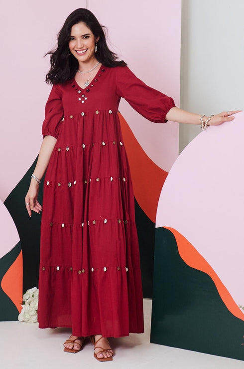 Piku Maroon Mirror Embroidered Tier Maxi Dress