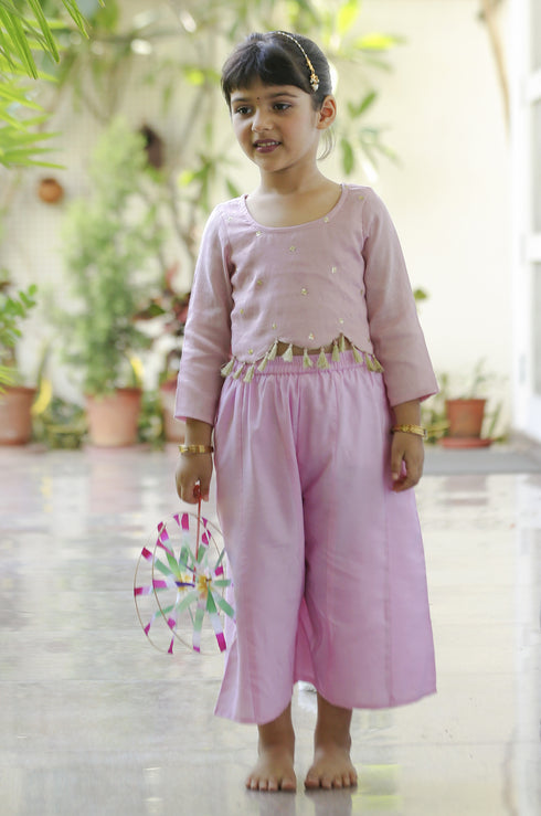 Pink Sequin Crop Top & Flared Palazzo Set (Girl)