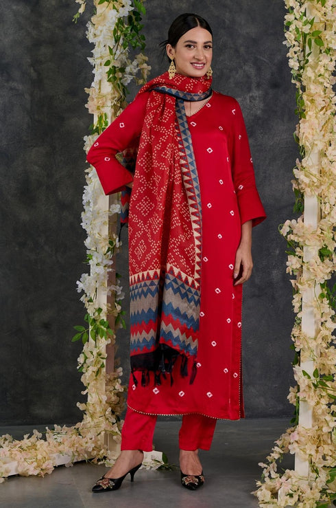 Red Bandhani Woven Bhagalpuri Silk Dupatta