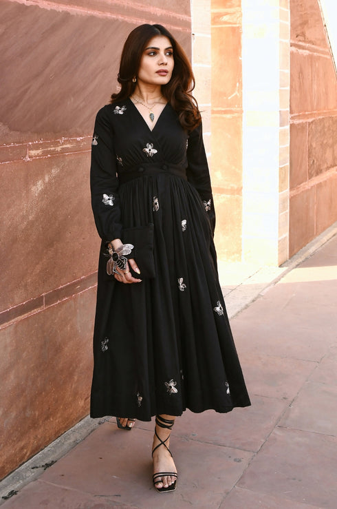 Sara Bug Black Embroidered Maxi Dress