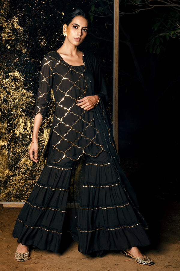 Vrinda Sequin Kurta Sharara With Dupatta - Set Of 3