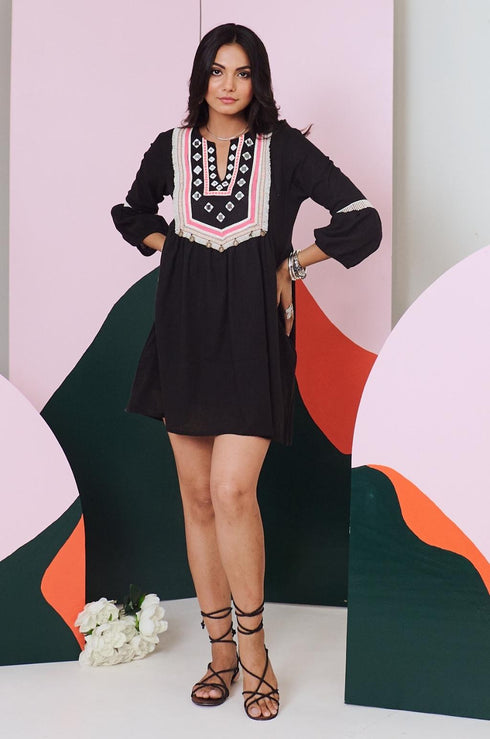 Veronica Black Mirror Work Short Dress with Lace Detailing