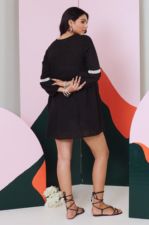 Veronica Black Mirror Work Short Dress with Lace Detailing