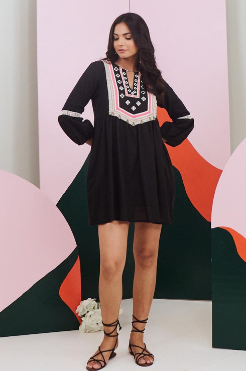 Veronica Black Mirror Work Short Dress with Lace Detailing