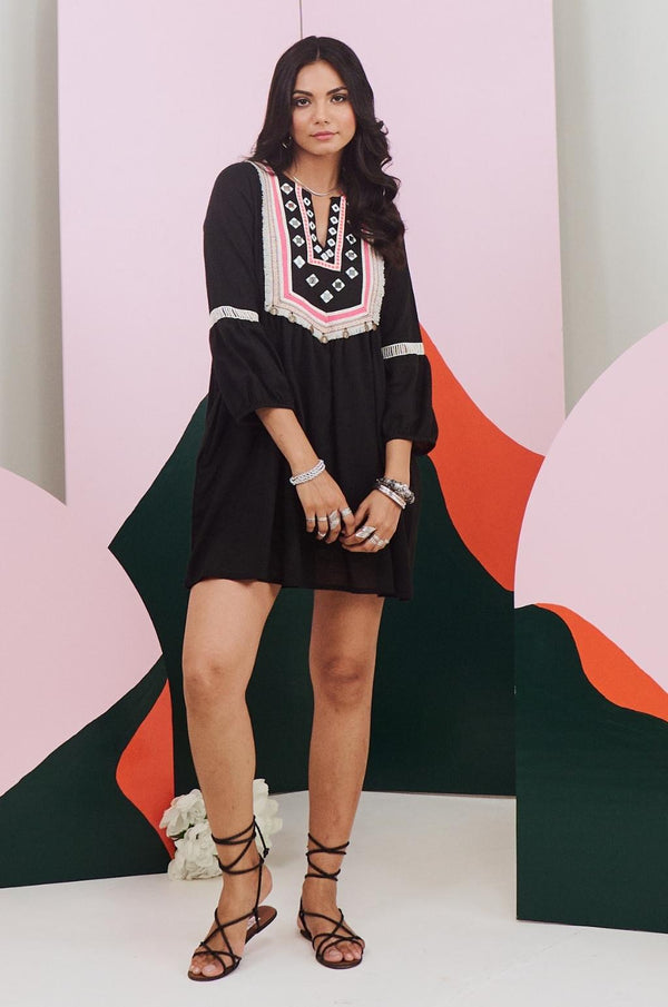 Veronica Black Mirror Work Short Dress with Lace Detailing