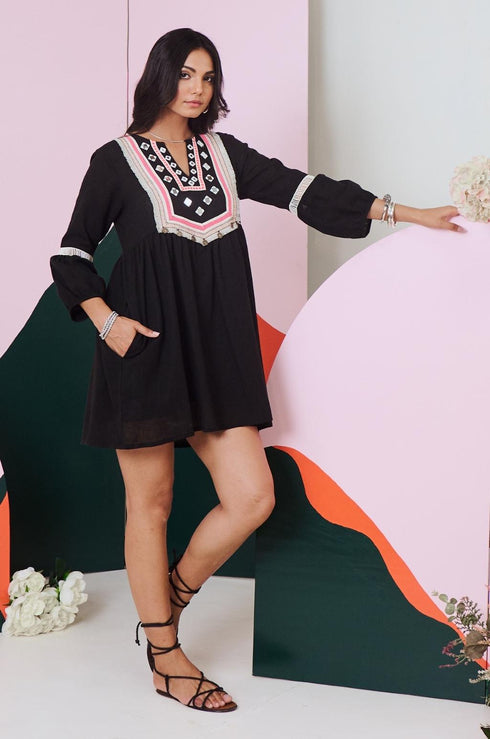 Veronica Black Mirror Work Short Dress with Lace Detailing