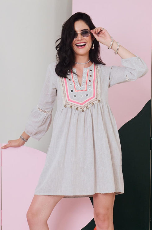 Veronica Mirror Work Short Dress with Lace Detailing