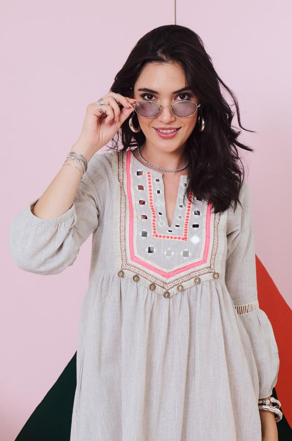 Veronica Mirror Work Short Dress with Lace Detailing