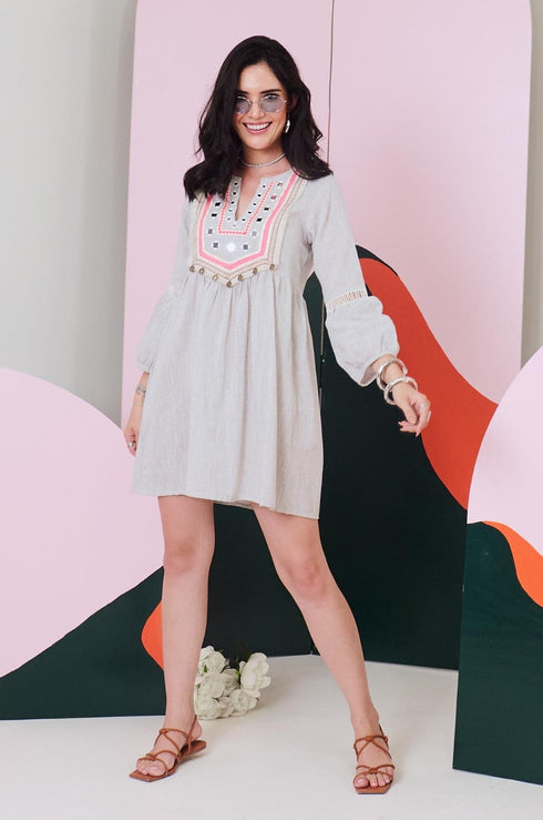 Veronica Mirror Work Short Dress with Lace Detailing