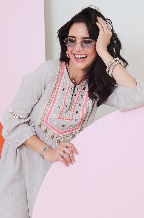 Veronica Mirror Work Short Dress with Lace Detailing