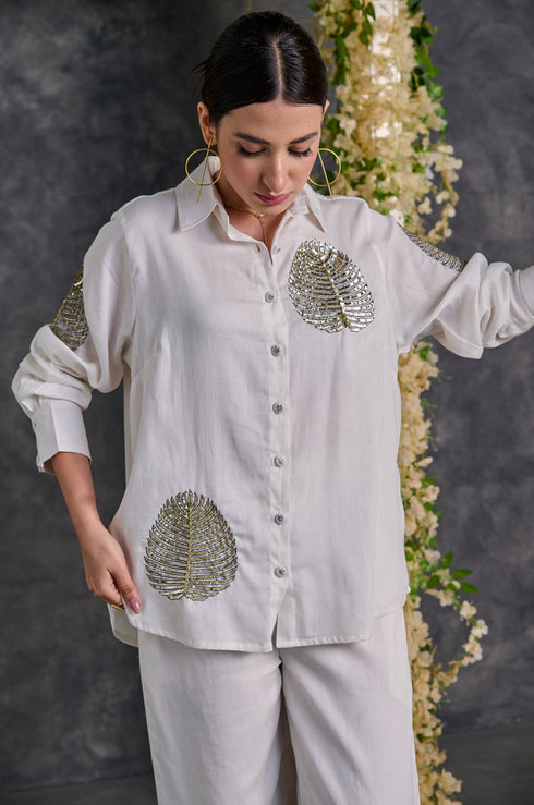 Diyu Sequin Embroidered White Shirt