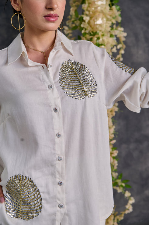 Diyu Sequin Embroidered White Shirt