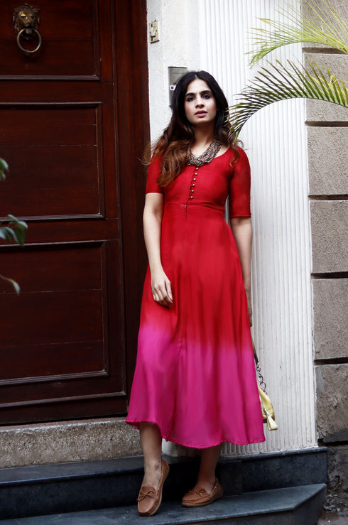 Red & Pink Fit-Flared Dress