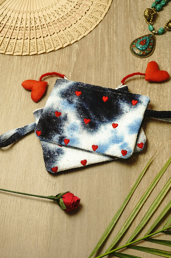 Heart Embroidery Indigo Jewellery Pouch - Set Of 2